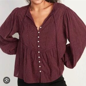 Old Navy Maroon Eyelet Button-Down Blouse